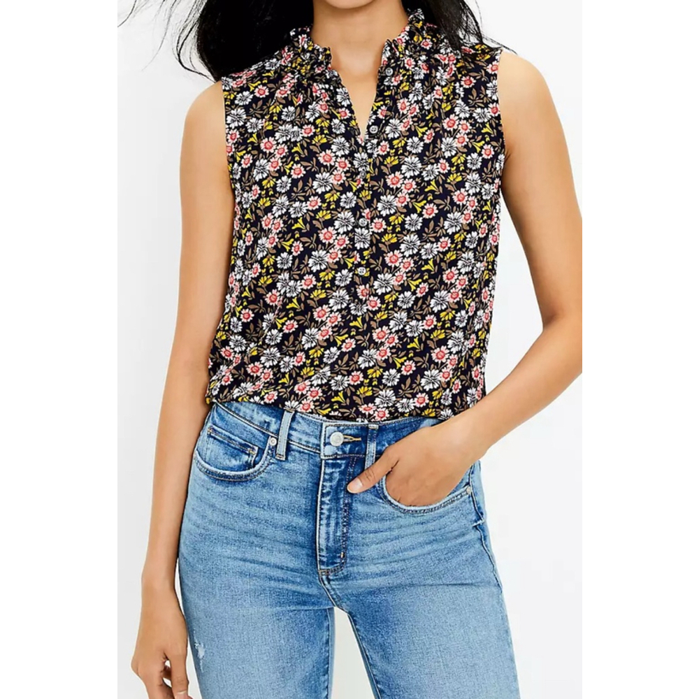 LOFT Floral Ruffle Neck Sleeveless Mixed Media Blouse Top Size S